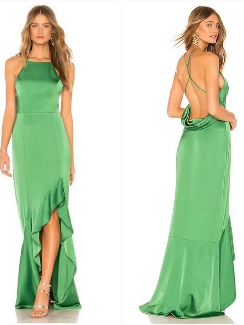 Lovers + Friends Green Satin Ruffle-Back Evening Gown